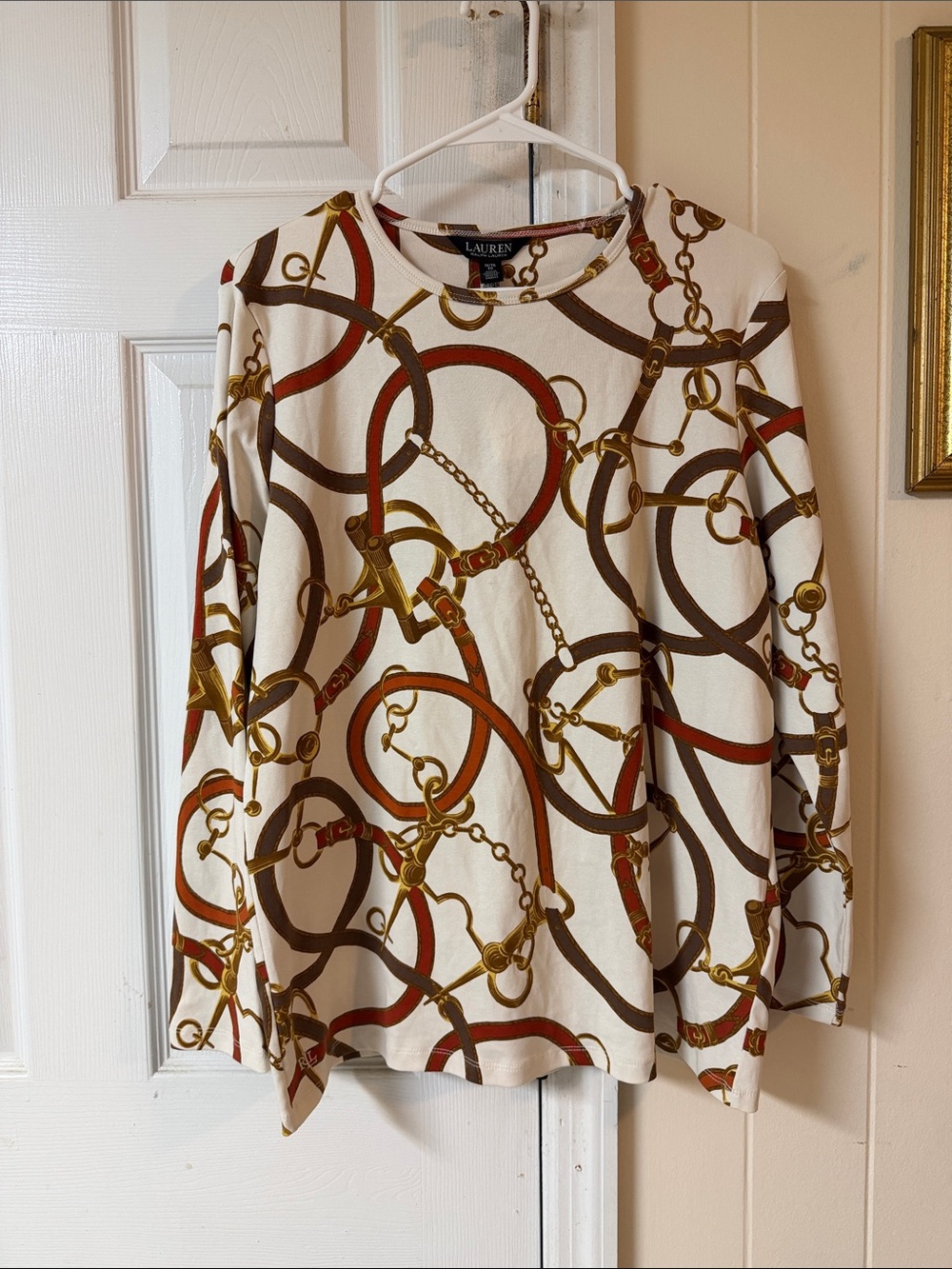Lauren Ralph Lauren Cream Long Sleeve Chain & Belt Print Top